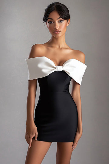Black White Off the Shoulder Bow Satin Mini Dress